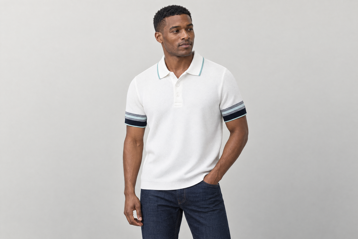 A ZYVO knit polo in white, worn with dark denim